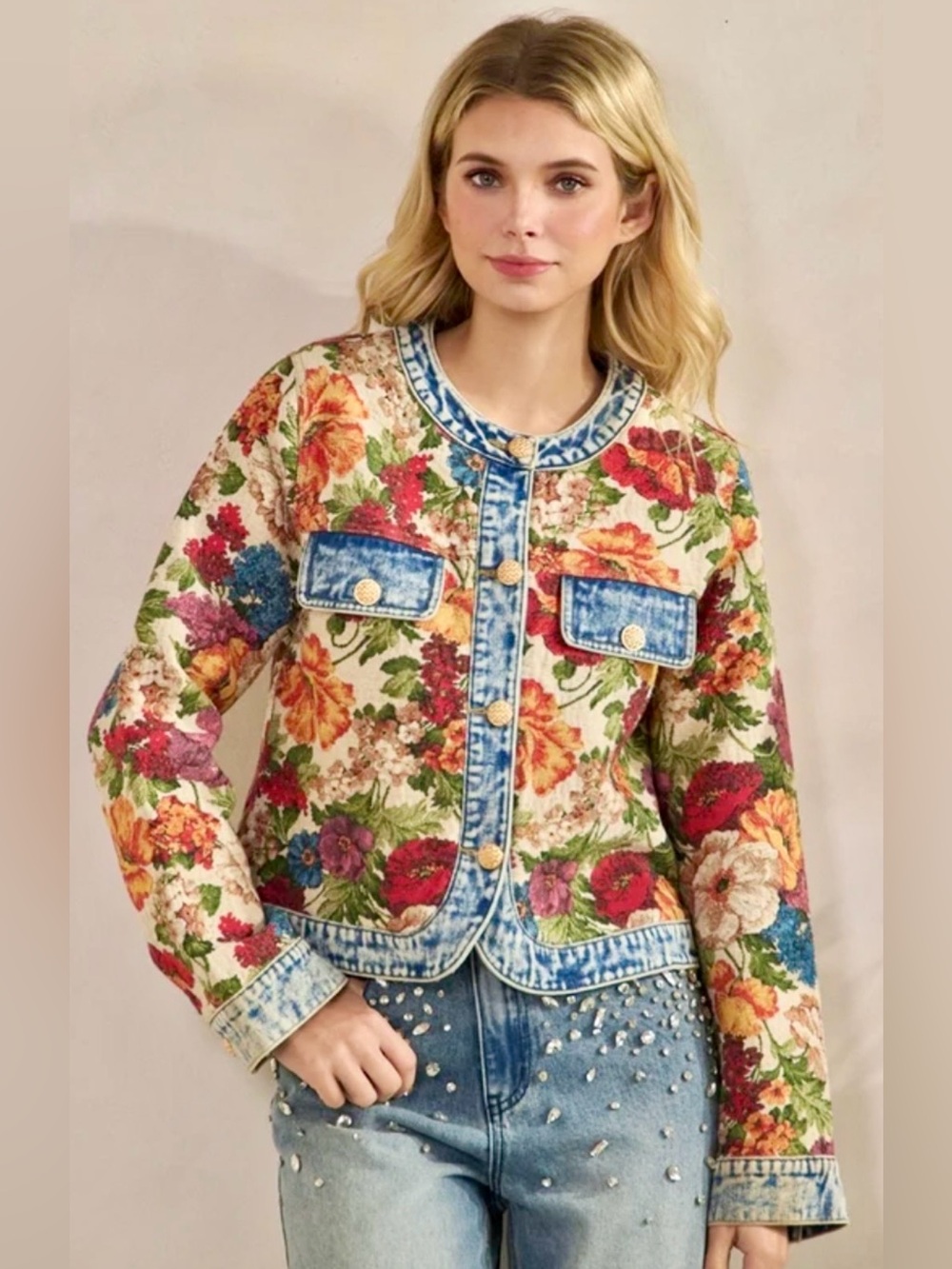 NEW VEVERET FLORAL TAPESTRY JACQUARD DENIM STATEMENT JACKET GOLD BUTTONS SIZE M - Picture 5 of 17